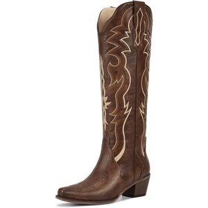 Women's Matte Brown Knee High Embroidered Chunky Heel Slip On Pointed Toe Boots